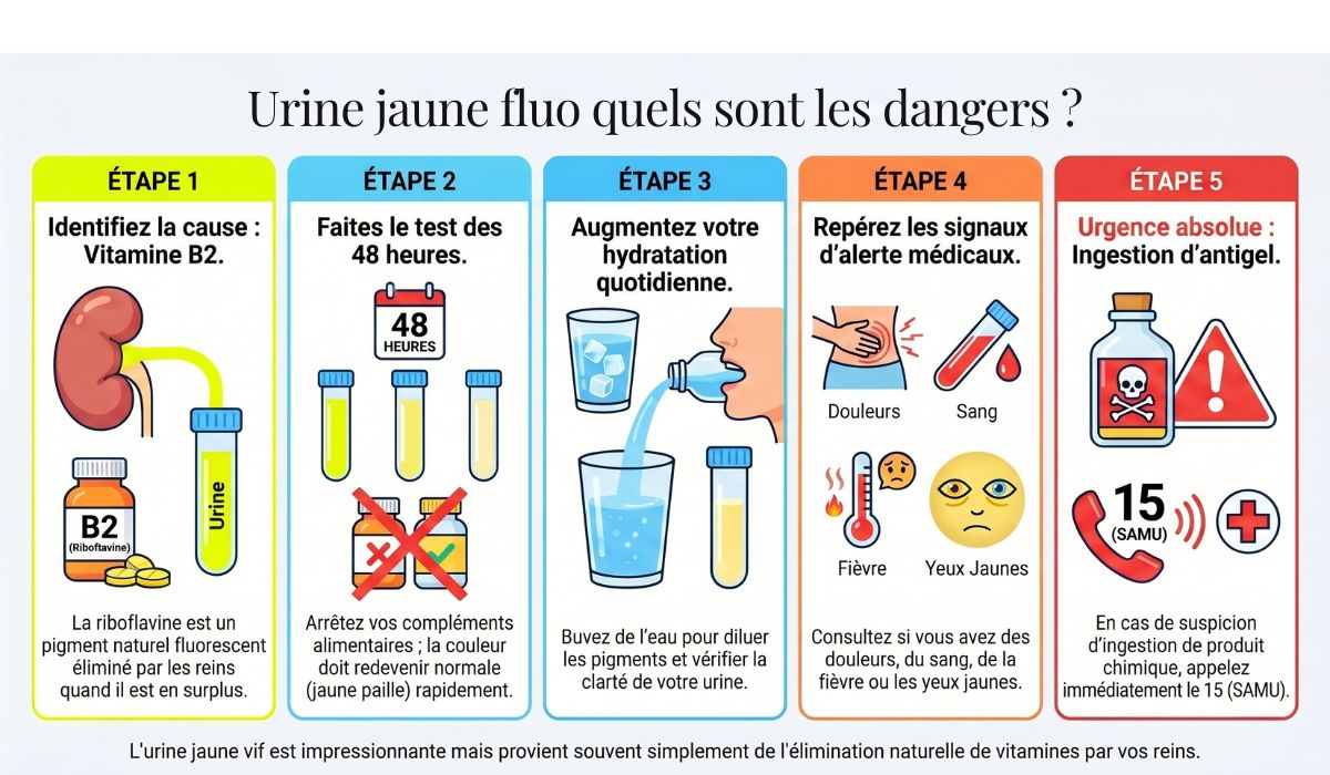Infographie : que faire en cas d'urine jaune fluo